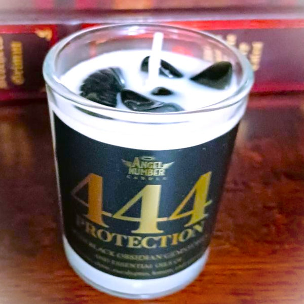 Angel Number Candle 444 Protection with Black Obsidian Gemstones