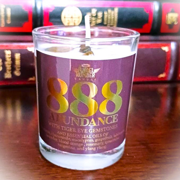 Angel Number Candle 888 Abundance with Tiger Eye Gemstones
