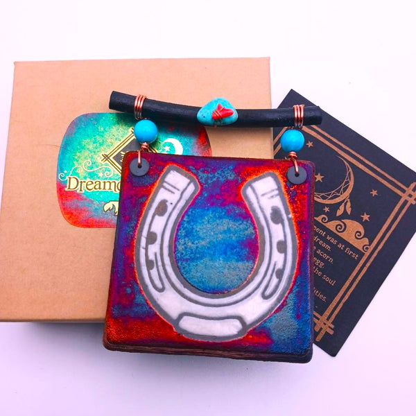 Raku Mini Dreamcatcher Tile Lucky Horse Shoe Glazed with Turquoise and Copper 3"