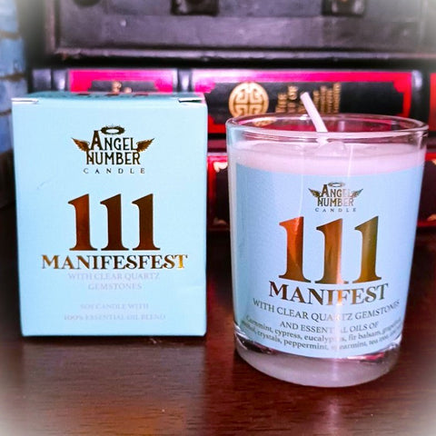 Angel Number Candle 111 Manifest with Clear Quartz Gemstones