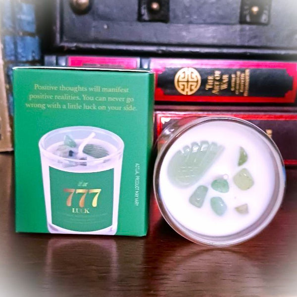 Angel Number Candle 777 Luck with Green Aventurine Gemstones