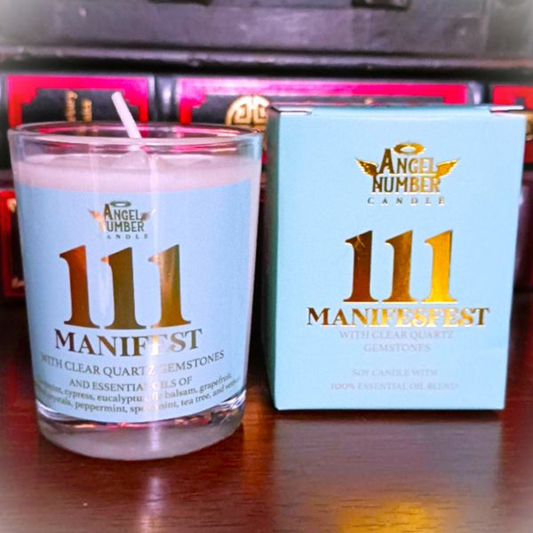 Angel Number Candle 111 Manifest with Clear Quartz Gemstones