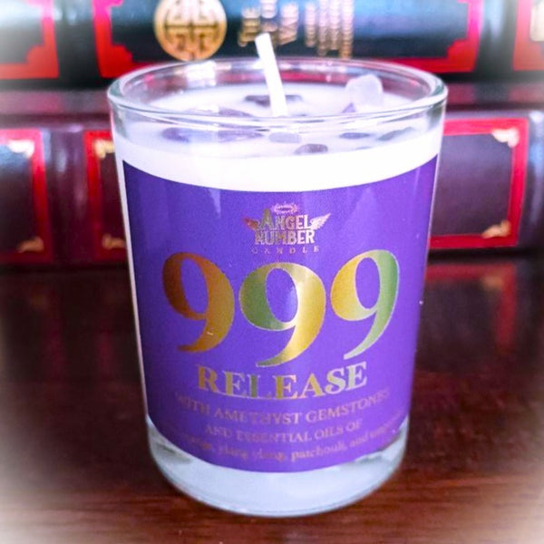 Angel Number Candle 999 Release with Amethyst Gemstones