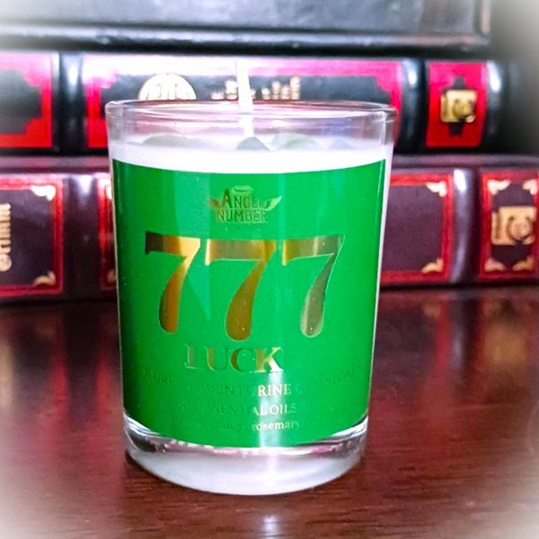 Angel Number Candle 777 Luck with Green Aventurine Gemstones