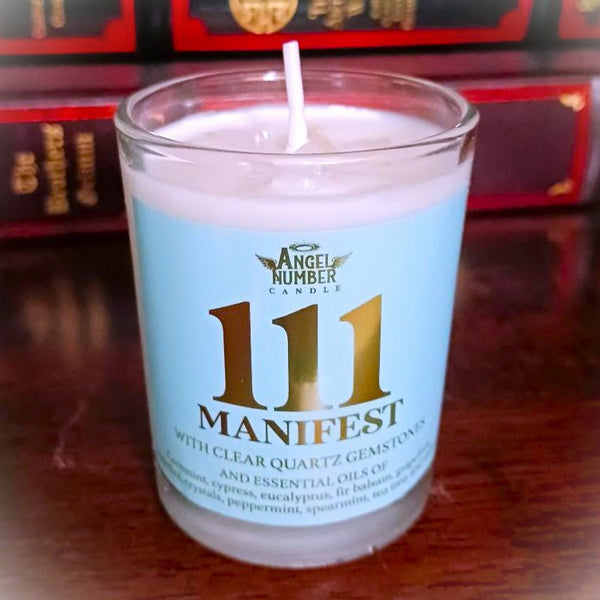 Angel Number Candle 111 Manifest with Clear Quartz Gemstones