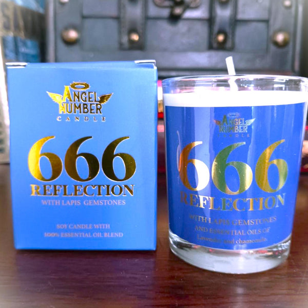 Angel Number Candle 666 Reflection with Lapis Gemstones