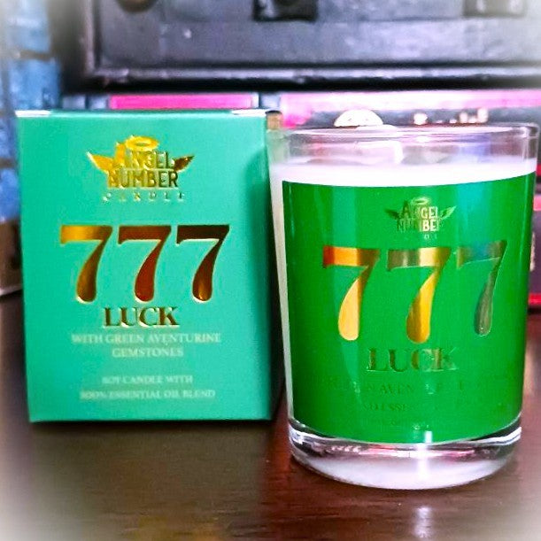Angel Number Candle 777 Luck with Green Aventurine Gemstones