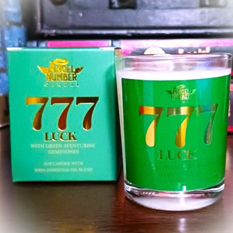 Angel Number Candle 777 Luck with Green Aventurine Gemstones