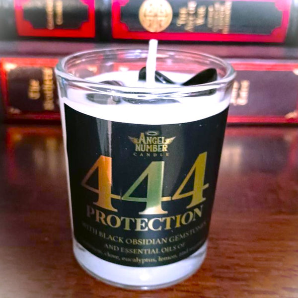 Angel Number Candle 444 Protection with Black Obsidian Gemstones