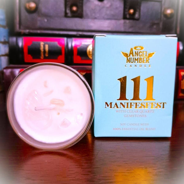 Angel Number Candle 111 Manifest with Clear Quartz Gemstones