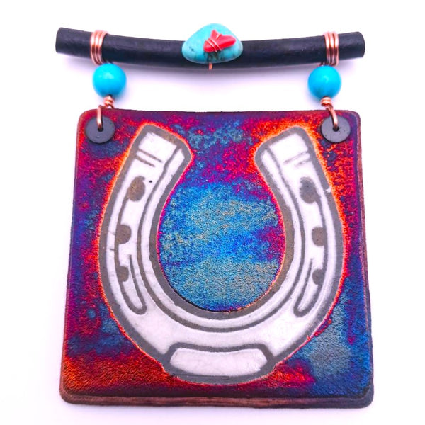 Raku Mini Dreamcatcher Tile Lucky Horse Shoe Glazed with Turquoise and Copper 3"