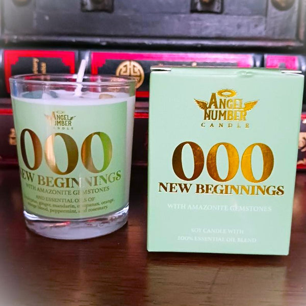 Angel Number Candle 000 New Beginnings with Amazonite Gemstones