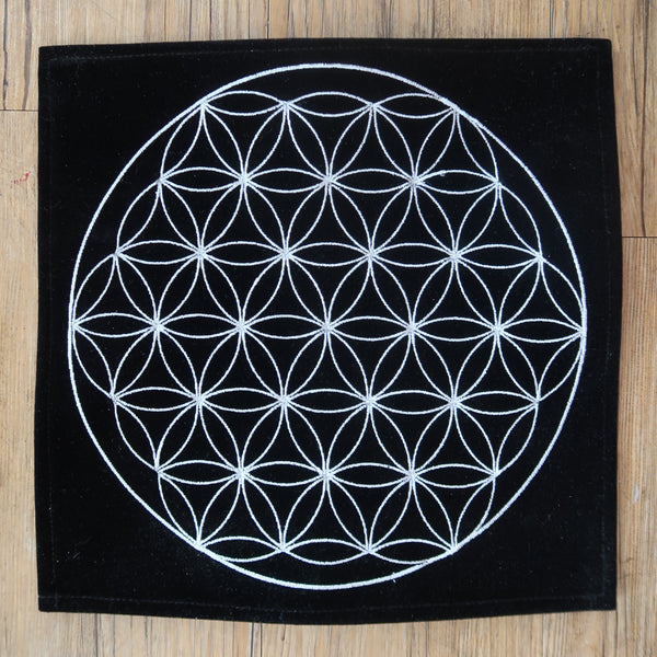 Velvet Grid Cloth with Embroidered Flower of Life Altar Mat